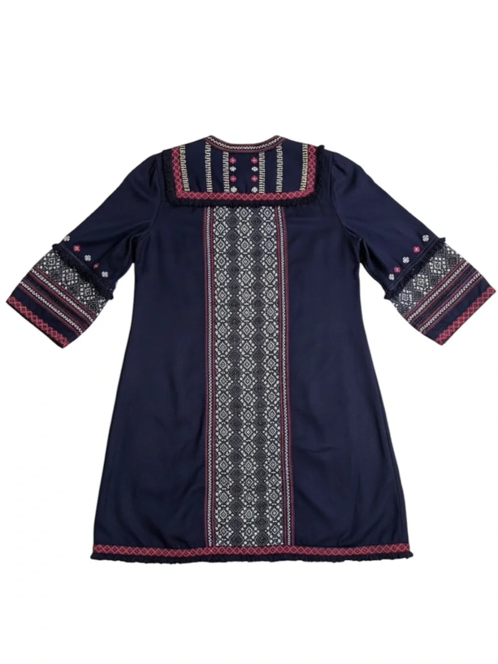 Akemi + Kin Anthropologie Embroidered Boho Shift Dress Navy Fringe Size 6